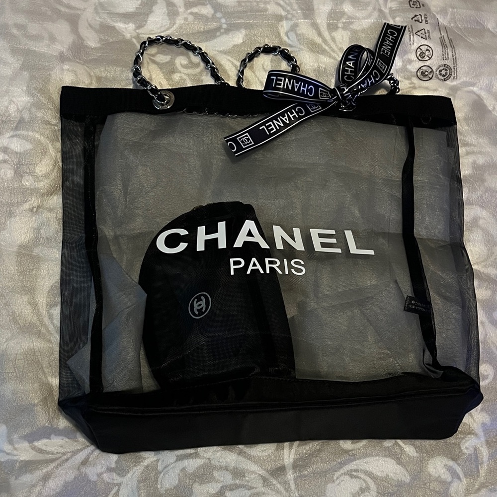CHANEL Black and White Name Logo Mesh Tote
